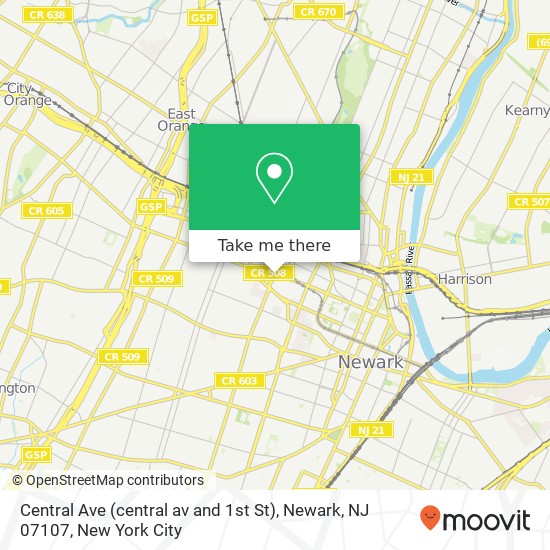 Mapa de Central Ave (central av and 1st St), Newark, NJ 07107