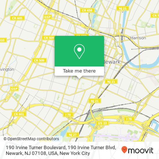 Mapa de 190 Irvine Turner Boulevard, 190 Irvine Turner Blvd, Newark, NJ 07108, USA