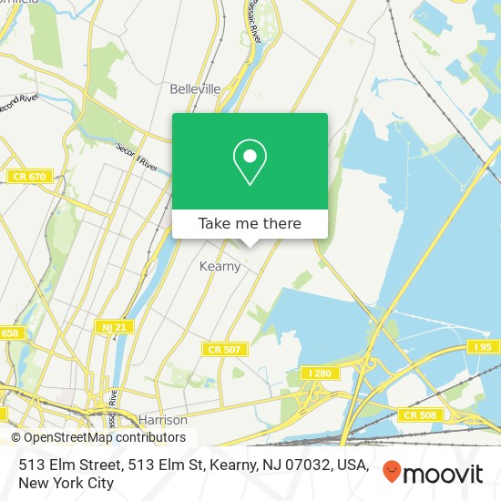 Mapa de 513 Elm Street, 513 Elm St, Kearny, NJ 07032, USA