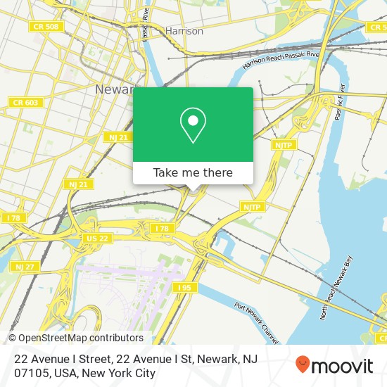 Mapa de 22 Avenue I Street, 22 Avenue I St, Newark, NJ 07105, USA