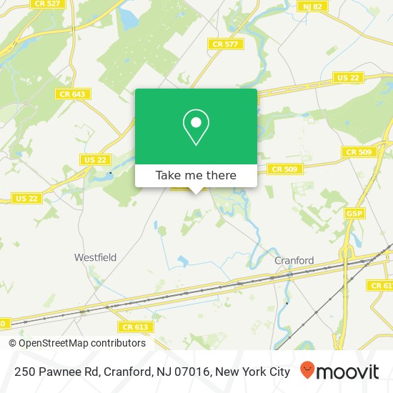 Mapa de 250 Pawnee Rd, Cranford, NJ 07016