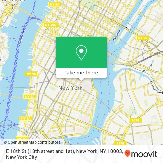 Mapa de E 18th St (18th street and 1st), New York, NY 10003