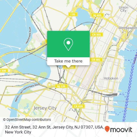 Mapa de 32 Ann Street, 32 Ann St, Jersey City, NJ 07307, USA