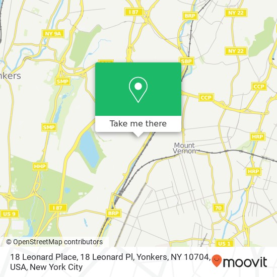 Mapa de 18 Leonard Place, 18 Leonard Pl, Yonkers, NY 10704, USA