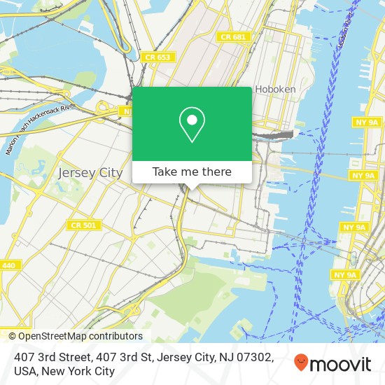 Mapa de 407 3rd Street, 407 3rd St, Jersey City, NJ 07302, USA