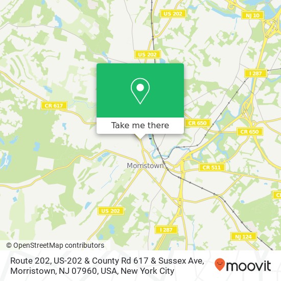 Mapa de Route 202, US-202 & County Rd 617 & Sussex Ave, Morristown, NJ 07960, USA