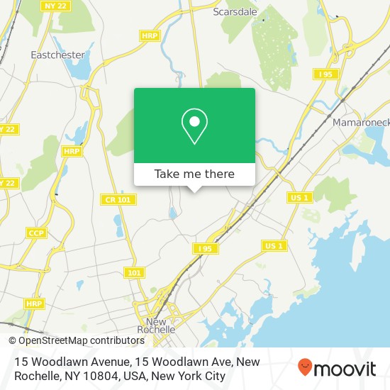 Mapa de 15 Woodlawn Avenue, 15 Woodlawn Ave, New Rochelle, NY 10804, USA