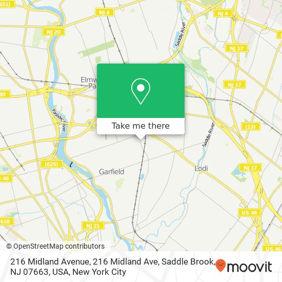 Mapa de 216 Midland Avenue, 216 Midland Ave, Saddle Brook, NJ 07663, USA