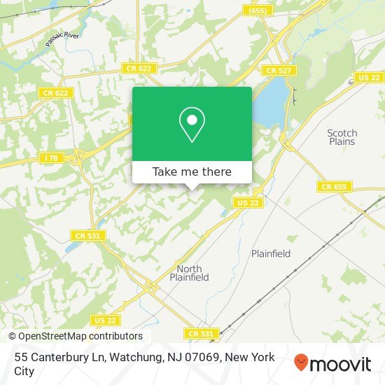 Mapa de 55 Canterbury Ln, Watchung, NJ 07069