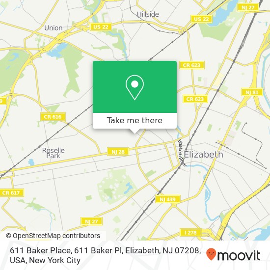 Mapa de 611 Baker Place, 611 Baker Pl, Elizabeth, NJ 07208, USA