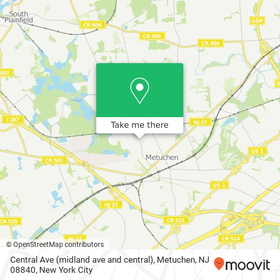 Central Ave (midland ave and central), Metuchen, NJ 08840 map