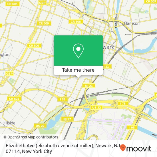 Mapa de Elizabeth Ave (elizabeth avenue at miller), Newark, NJ 07114