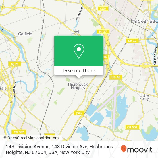 Mapa de 143 Division Avenue, 143 Division Ave, Hasbrouck Heights, NJ 07604, USA