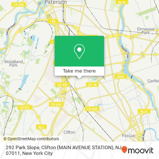 Mapa de 292 Park Slope, Clifton (MAIN AVENUE STATION), NJ 07011