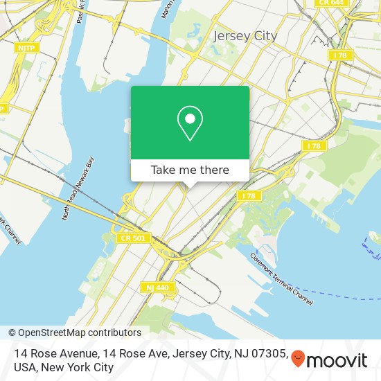 Mapa de 14 Rose Avenue, 14 Rose Ave, Jersey City, NJ 07305, USA