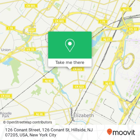 Mapa de 126 Conant Street, 126 Conant St, Hillside, NJ 07205, USA