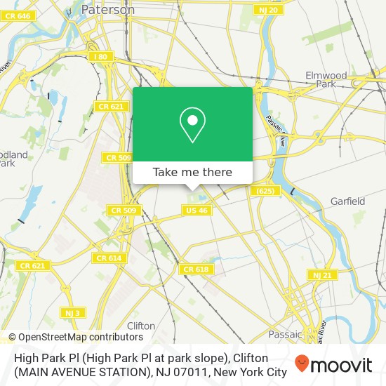 Mapa de High Park Pl (High Park Pl at park slope), Clifton (MAIN AVENUE STATION), NJ 07011