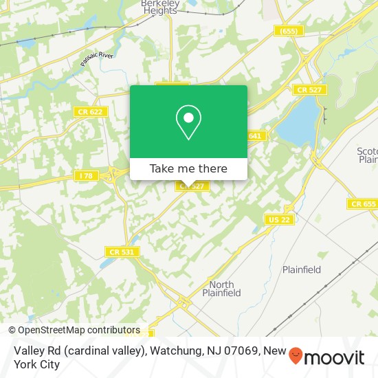 Mapa de Valley Rd (cardinal valley), Watchung, NJ 07069