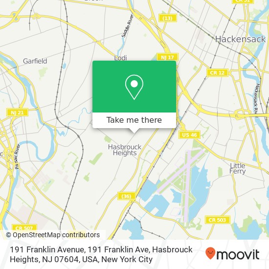 191 Franklin Avenue, 191 Franklin Ave, Hasbrouck Heights, NJ 07604, USA map