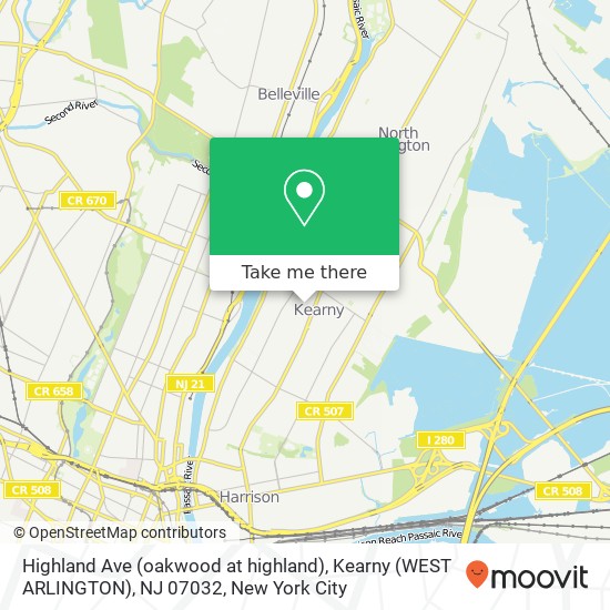 Mapa de Highland Ave (oakwood at highland), Kearny (WEST ARLINGTON), NJ 07032