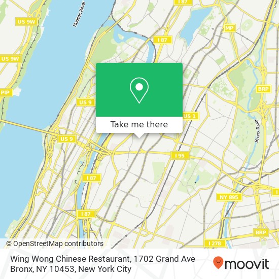 Mapa de Wing Wong Chinese Restaurant, 1702 Grand Ave Bronx, NY 10453