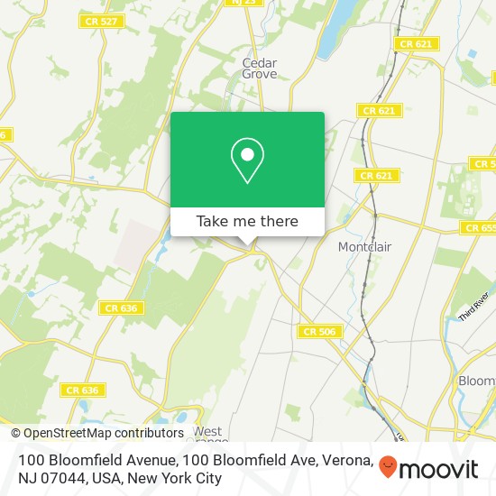 100 Bloomfield Avenue, 100 Bloomfield Ave, Verona, NJ 07044, USA map