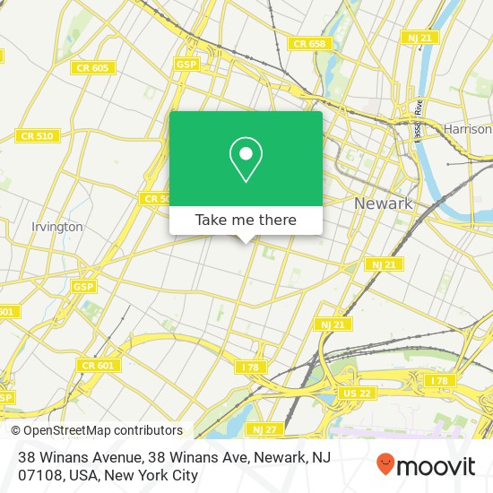 Mapa de 38 Winans Avenue, 38 Winans Ave, Newark, NJ 07108, USA