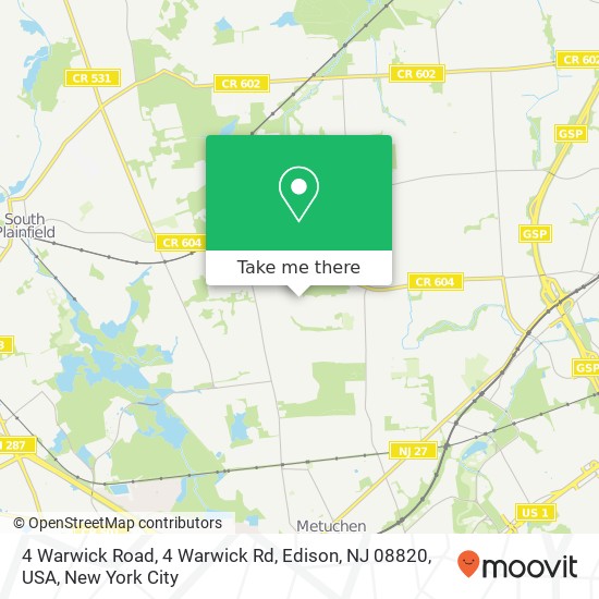 Mapa de 4 Warwick Road, 4 Warwick Rd, Edison, NJ 08820, USA