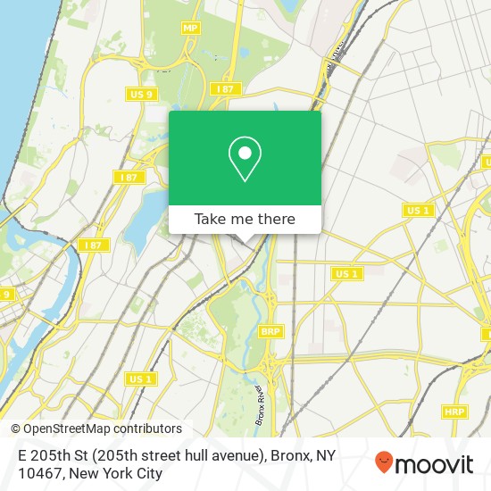 Mapa de E 205th St (205th street hull avenue), Bronx, NY 10467
