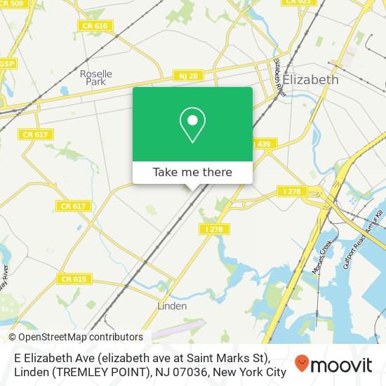 Mapa de E Elizabeth Ave (elizabeth ave at Saint Marks St), Linden (TREMLEY POINT), NJ 07036