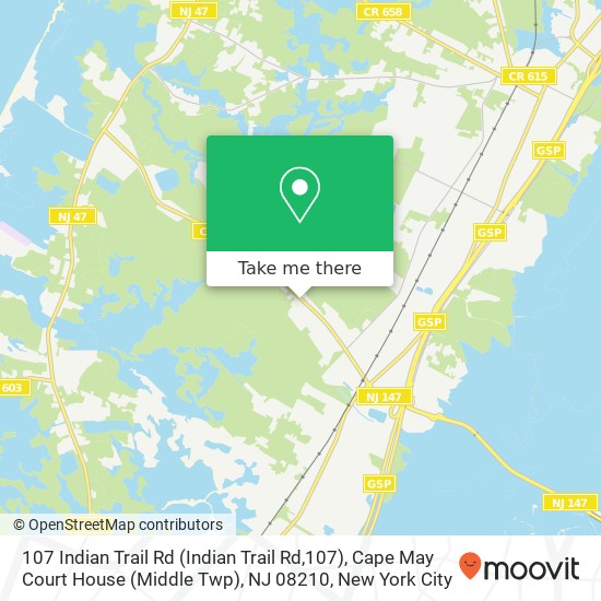 Mapa de 107 Indian Trail Rd (Indian Trail Rd,107), Cape May Court House (Middle Twp), NJ 08210