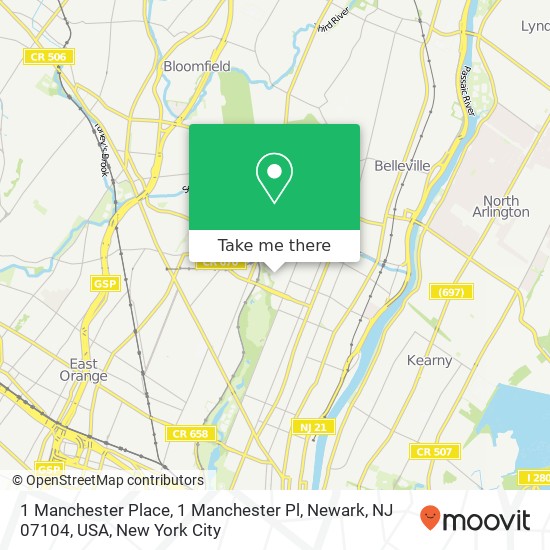 Mapa de 1 Manchester Place, 1 Manchester Pl, Newark, NJ 07104, USA