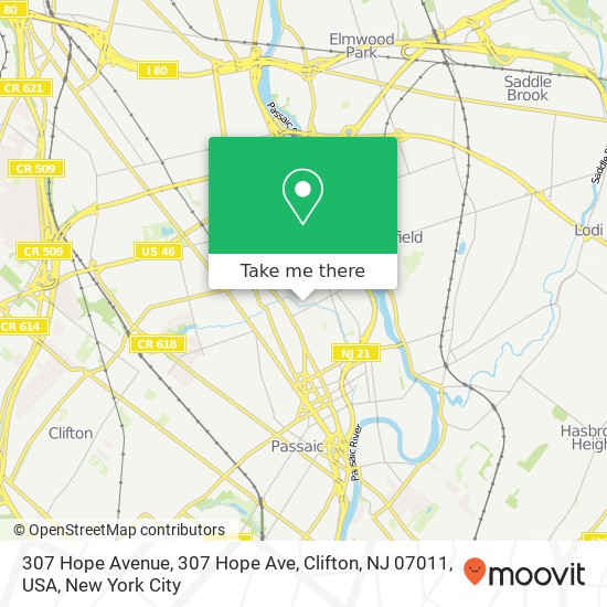 Mapa de 307 Hope Avenue, 307 Hope Ave, Clifton, NJ 07011, USA
