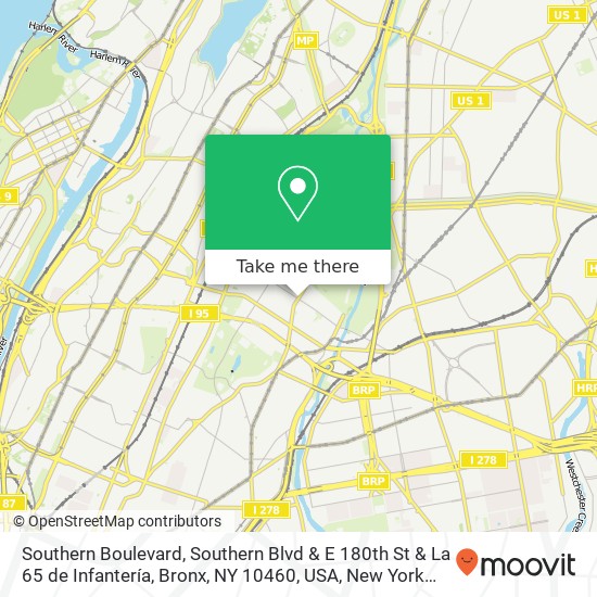 Mapa de Southern Boulevard, Southern Blvd & E 180th St & La 65 de Infantería, Bronx, NY 10460, USA