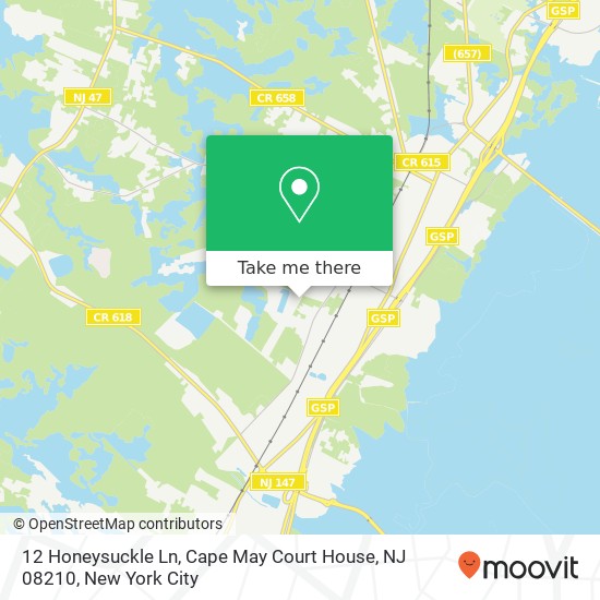 Mapa de 12 Honeysuckle Ln, Cape May Court House, NJ 08210