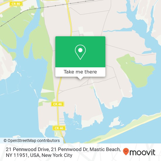 Mapa de 21 Pennwood Drive, 21 Pennwood Dr, Mastic Beach, NY 11951, USA