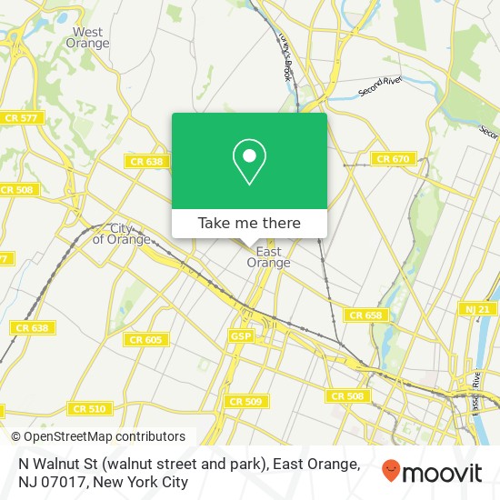 Mapa de N Walnut St (walnut street and park), East Orange, NJ 07017