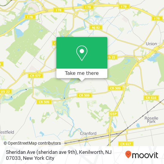 Mapa de Sheridan Ave (sheridan ave 9th), Kenilworth, NJ 07033