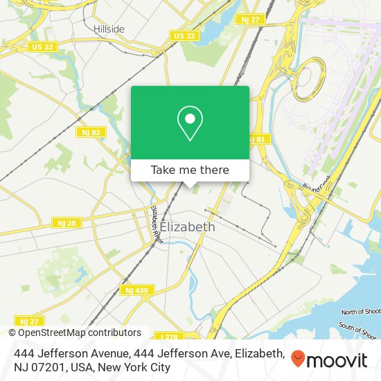 Mapa de 444 Jefferson Avenue, 444 Jefferson Ave, Elizabeth, NJ 07201, USA