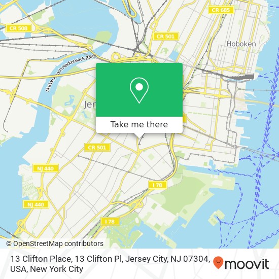 Mapa de 13 Clifton Place, 13 Clifton Pl, Jersey City, NJ 07304, USA