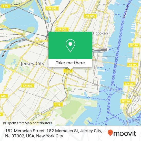 Mapa de 182 Merseles Street, 182 Merseles St, Jersey City, NJ 07302, USA