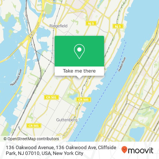 Mapa de 136 Oakwood Avenue, 136 Oakwood Ave, Cliffside Park, NJ 07010, USA