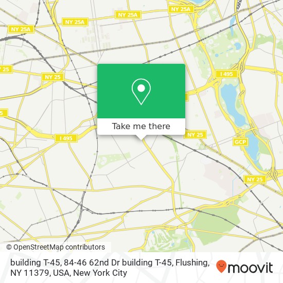 Mapa de building T-45, 84-46 62nd Dr building T-45, Flushing, NY 11379, USA