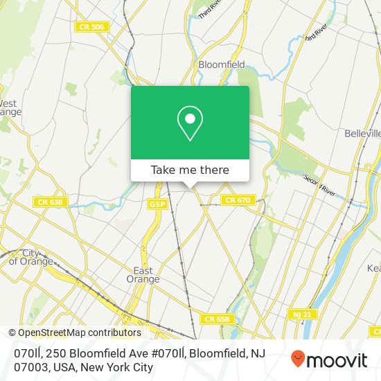 Mapa de 070lĺ, 250 Bloomfield Ave #070lĺ, Bloomfield, NJ 07003, USA