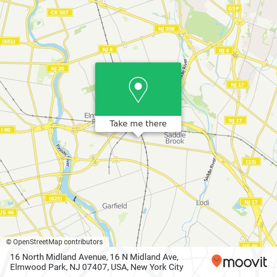 Mapa de 16 North Midland Avenue, 16 N Midland Ave, Elmwood Park, NJ 07407, USA