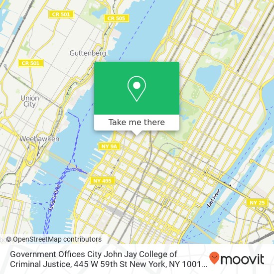 Mapa de Government Offices City John Jay College of Criminal Justice, 445 W 59th St New York, NY 10019