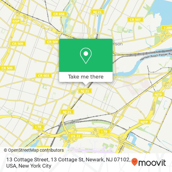 Mapa de 13 Cottage Street, 13 Cottage St, Newark, NJ 07102, USA