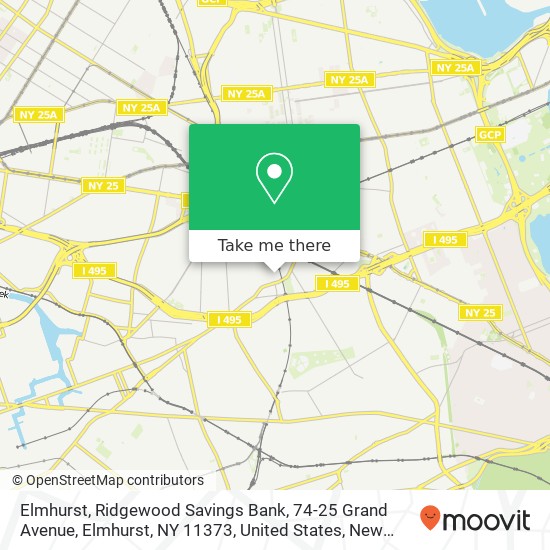 Mapa de Elmhurst, Ridgewood Savings Bank, 74-25 Grand Avenue, Elmhurst, NY 11373, United States