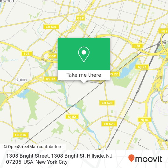 Mapa de 1308 Bright Street, 1308 Bright St, Hillside, NJ 07205, USA