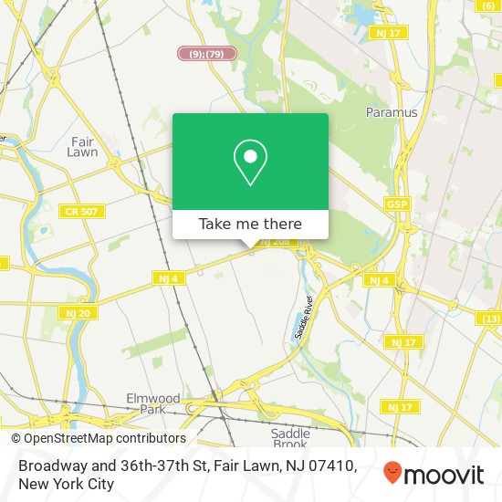 Mapa de Broadway and 36th-37th St, Fair Lawn, NJ 07410